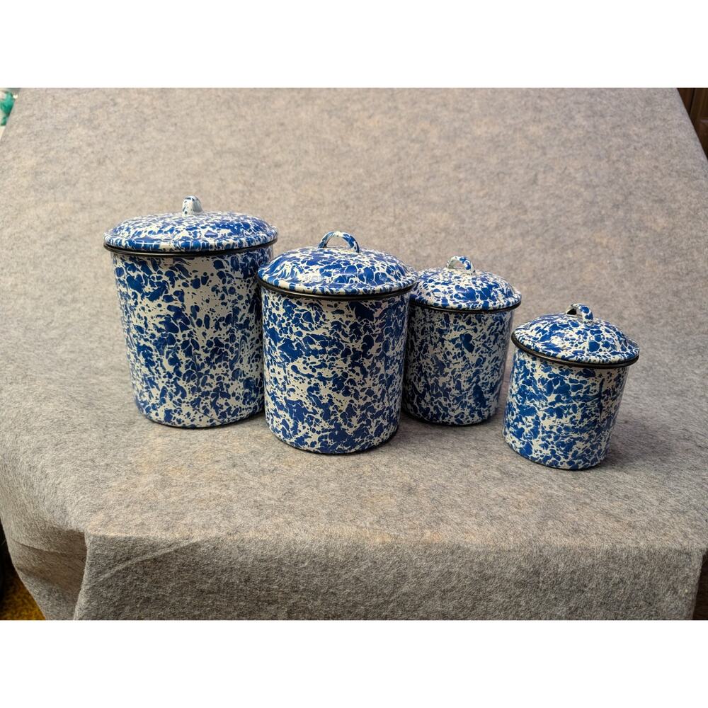 Set of 4 Blue and White Splatter Enamelware Canister Set CGS International
